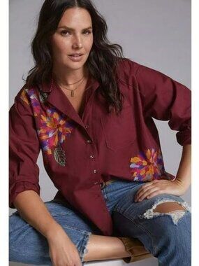 Anthropologie Maeve Embroidered Floral Long Sleeve Buttondown Shirts In Wine Red